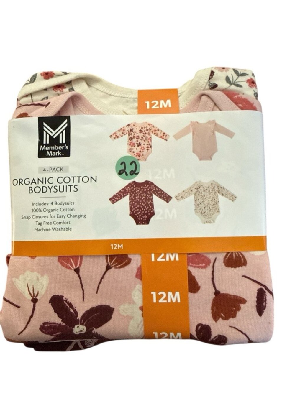 Member's Mark Baby Girls Organic Cotton Floral Bodysuits 4 Pack-Size 12 Months